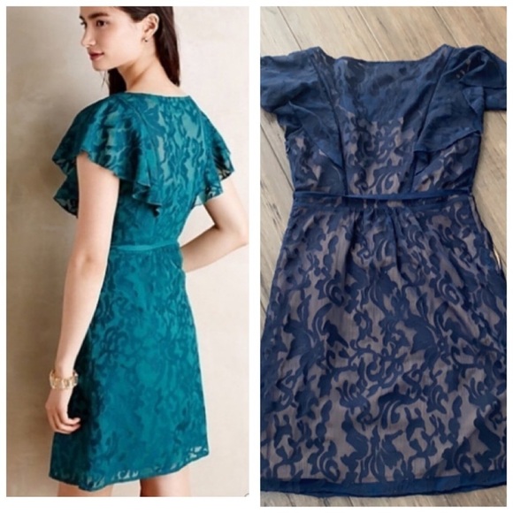 5 for $25 Moulinette soeurs blue flutter sleeve scroll lace dress - Picture 2 of 13